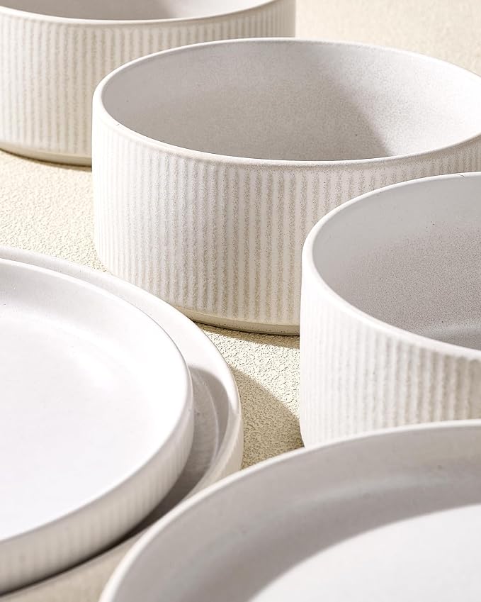 8-Piece Ceramic Plates and Bowls Sets for 4, Matte White | Handcrafted reactive glaze stoneware dinnerware. Chip & scratch resistant. Microwave & dishwasher safe. Everyday/formal use.