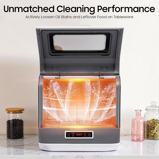 Washing Dishes Machine, Portable Countertop Dishwashers, 17.72x15.75x17.3in Compact Dishwashers With 2 Gal Water Tank & Inlet and Outlet Hose, 3 Programs, 360° Rotating Spray, Practical Filter, White