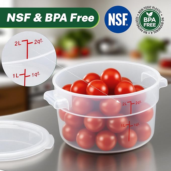 4 Pack 2Qt Round Polypropylene Food Storage Container with Lids Scale | NSF & BPA-free polypropylene, non-stick surface with readable scale. Come with labels & measuring cups.