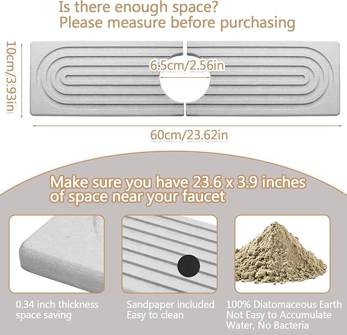 Jiozermi 23.6 Inch Diatomite Faucet Mat for Kitchen Sink, Diatomite Stone Sink Tray Faucet Sink Splash Guard Sink Faucet Absorbent Mat for Kitchen Bathroom Fucet Sink(23.6" x 3.9",Light Grey)