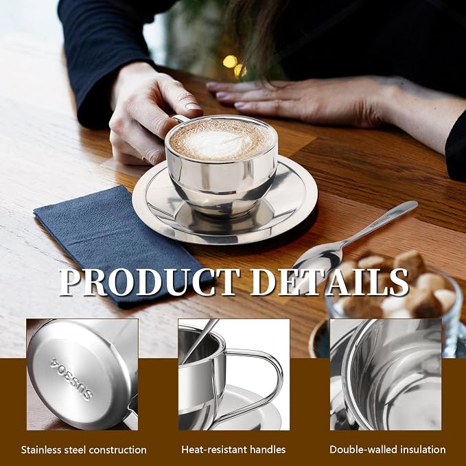 304 Stainless Steel Coffee Cups with Spoon & Saucer, 6.08 Oz Metal Espresso Mugs, Double Walled Insulated Espresso Coffee Cup for Cappuccino Latte Milk Tea Beverages (1 Set，180 ml)