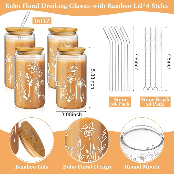 Mumufy 4 Pack Glass Cups Gift Aesthetic Cute Glass Cup Tumbler Flower Iced Coffee Mugs 16 oz with Bamboo Lid & Straw, for Wedding Birthday Bridesmaid Mom Baby Shower