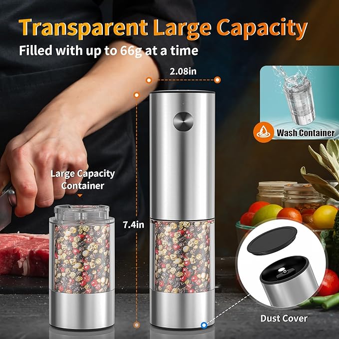 2Pack Electric Salt and Pepper Grinder Set USB Rechargeable with Warm LED Light, Adjustable Coarseness Lidaop Large Capacity Automatic Salt Pepper Mill Shakers for Kitchen, Sliver Set