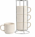 6 Oz Coffee Cups Set of 4, Stackable Espresso Cups with Metal Stand, Ceramic Cappuccino Cup, Embossed Coffee Mugs for Latte, Cocoa, Mocha, Tea, Housewarming Present, Dishwasher Safe