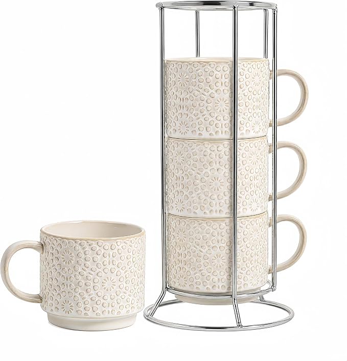 6 Oz Coffee Cups Set of 4, Stackable Espresso Cups with Metal Stand, Ceramic Cappuccino Cup, Embossed Coffee Mugs for Latte, Cocoa, Mocha, Tea, Housewarming Present, Dishwasher Safe