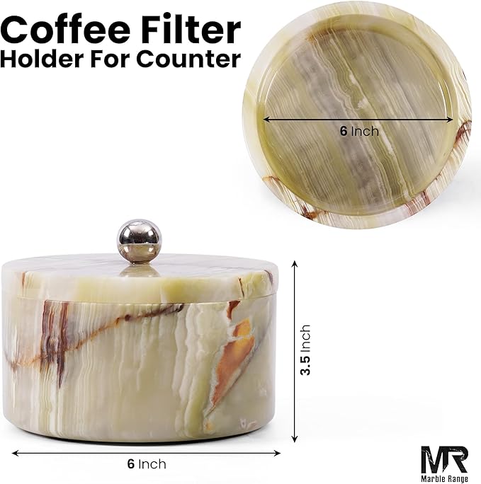 Marble Coffee Filter Holder – 6 inch Handmade Green Onyx Coffee Filter Holder with Lid, Storage Organizer for Kitchen Countertop & Bar Decor