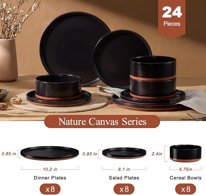 LIANYU 24 Piece Dinnerware Sets for 8, Modern Style Stoneware Dinnerware Set, Scratch Resistant, Dishwasher Safe Bowl and Plate Sets, Ceramic Dish Dinner Set, Charcoal Black