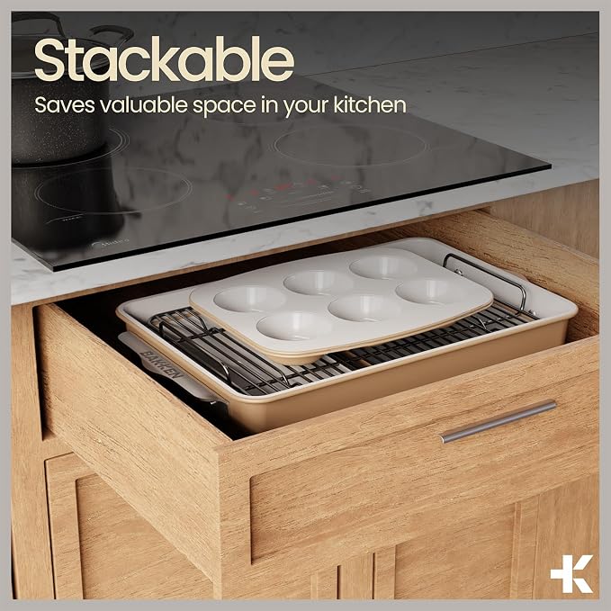 Bakken 8-Piece Stackable Bakeware Set – Ceramic Non-Stick, Oven-Safe Baking Sheets & Pans, PTFE/PFOA/PFOS-Free, Ergonomic Handles, Includes Cooling Rack – Healthy, Non-Toxic Baking Essentials, Gold