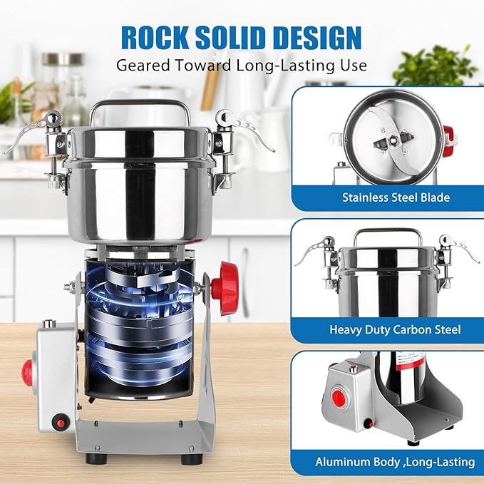Electric Grain Mill Grinder, 800g Stainless Steel Grain Mill, 3000W High Speed Commercial Grinder Machine, Pulverizer Spice Herb for Dry Grains Cereals Coffee Corn Pepper, Swing Type