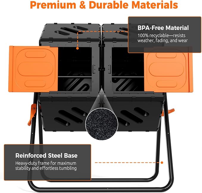 45 Gallon (170L) Compost Tumbler Outdoor, Dual Chamber Compost Bin with 360° Rotating Design, Adjustable Vents, Easy Assembly, Large Openings for Kitchen, Garden & Yard Waste