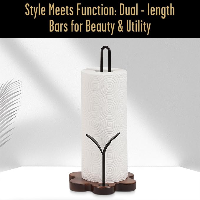Wooden Paper Towel Holder Countertop, Floral Base with Dual Iron Rods in Antique Brown Finish, Leaf-Shaped Accent, Stable & Durable, Non Slip Pads, Elegant Kitchen/Dining Décor