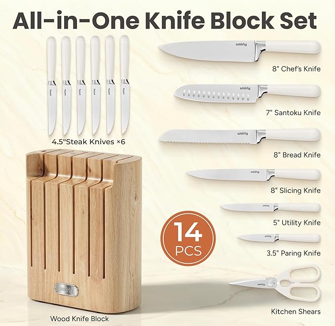 SMIRLY 14-Piece Kitchen Knife Set with Magnetic Block, High Carbon Stainless Steel Chef Knives, Ultra Sharp, Dishwasher Safe, Cream White