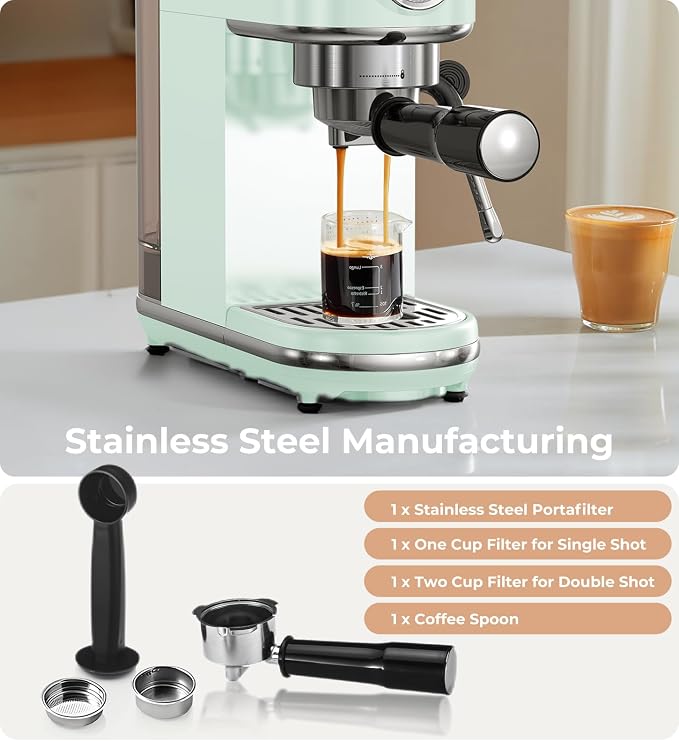 atatix 20 Bar Espresso Machine with Milk Frother, Compact Espresso Maker, Stainless Steel Coffee Machine with Precise Temp Control & 44oz Removable Water Tank for Latte, Cappuccino, Light Green