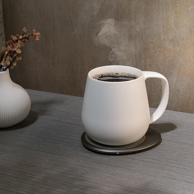 OHOM Ui+ Self-Heating Mug Set – Jasmine White | 18 fl oz / 532 mL Ceramic Coffee & Tea Mug Set with Heating Pad