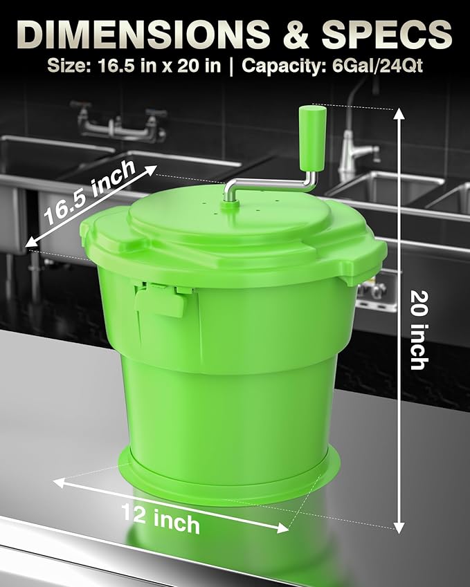 WantJoin Commercial Salad Spinner - 6 Gallon Salad Dryer w/Silicone Anti-slip Mat & Draining Hose, Green, 24Qt Manual Salad Spinner for up to 7 Heads of Lettuce Spinner Large for Catering