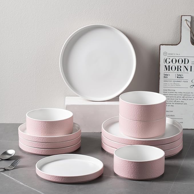 Pink Ceramic Dinnerware Set for 4, 12 Piece Porcelain Plates and Bowls Set for 4, Modern Stoneware Chip and Scratch Resistant Dish Sets, Dinner Plates Set, Microwave and Dishwasher Safe (Pink)