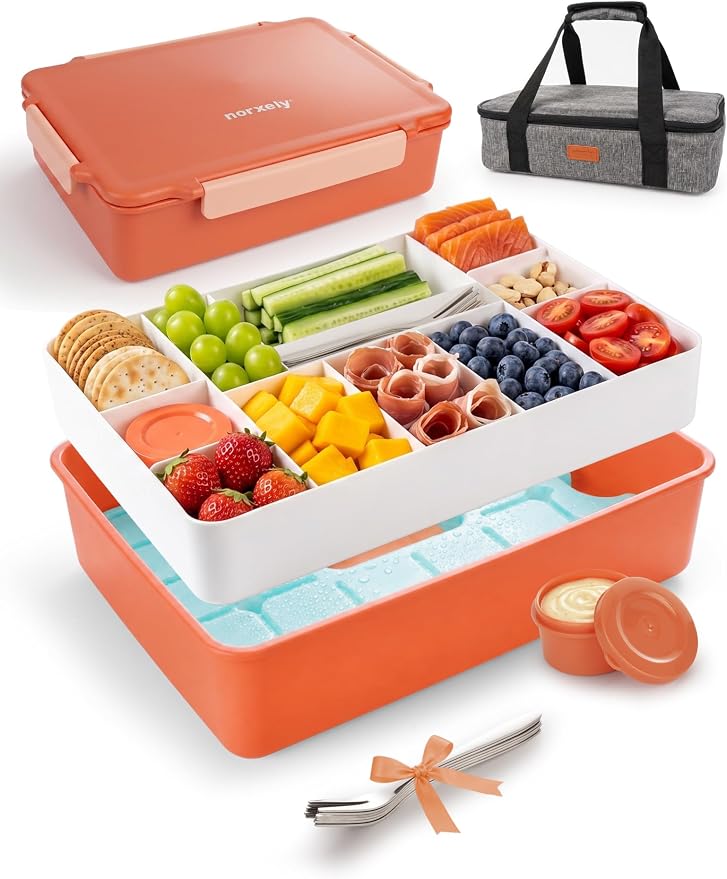 Snackle Box Container with Ice Pack, Reinforced Latches & Large Capacity, Travel Snack Box, Charcuterie Board with Lid, Divided Veggie Tray for Road Trips Picnic Boat Beach Red