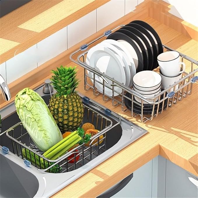 Sink Dish Drying Rack Adjustable Stainless Steel with Non-Slip Rubber Feet Space-Saving Over Sink Design for Kitchen Counter Organization and Utensil Holder(30x20x10cm)