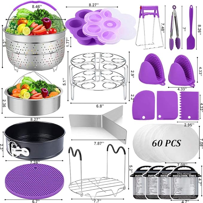 Accessories for Instant Pot, Sugaroom 100 PCS Pressure Cooker Accessories Set Compatible with Instant Pot Accessories 6 qt 8 quart-2 Steamer Baskets, Springform Pan, Egg Rack, Egg Bites Mold and More