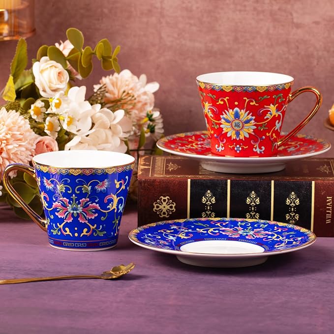 KAMMAK Tea Cups and Saucers Set of 2, Porcelain Coffee Cups, 8oz Stackable Espresso Mugs, Ceramic Demitasse for Coffee, Latte, Americano, Tea (629N+630N)