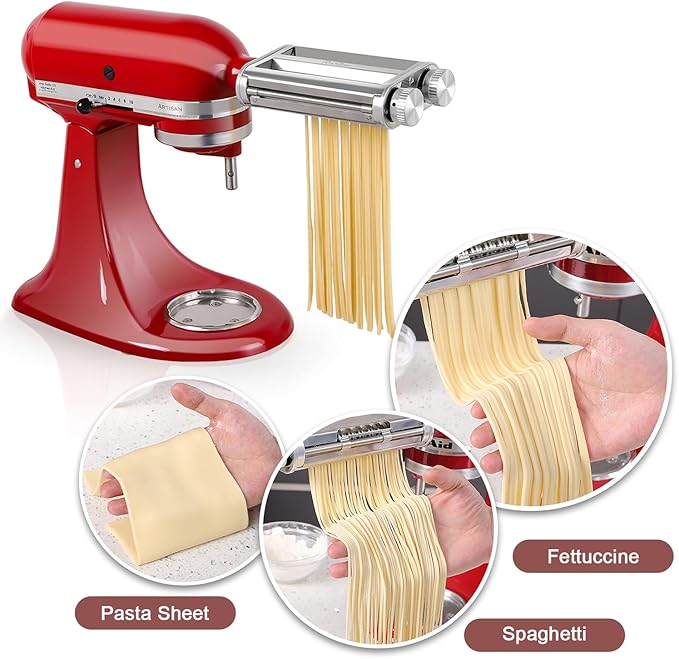 Pasta Maker Attachment for KitchenAid Stand Mixers, 3-in-1 Pasta Roller & Cutter Set with Spaghetti and Fettuccine Cutter Blades, Adjustable 8 Thickness Settings, Durable Metal Construction