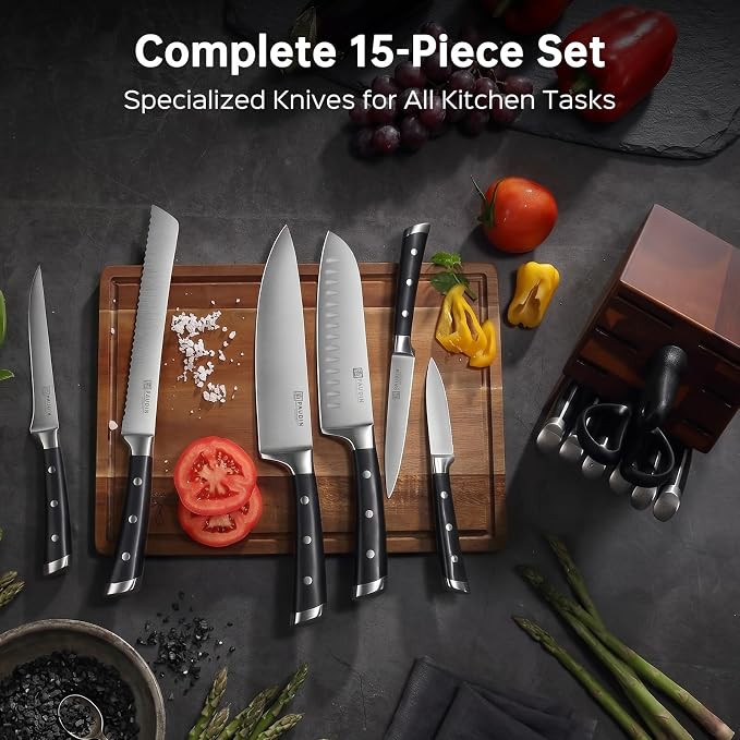 PAUDIN Knife Block Set, 15 Pieces Knife Set with Block, High Carbon Stainless Steel Kitchen Knife Set with Sharpener, Knives Set for Kitchen with Full Tang Triple Rivet Handle