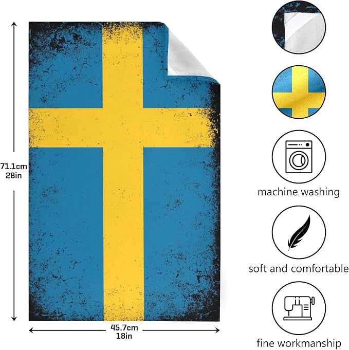 Swedish Flag Vintage Kitchen Towels Set with Hanging Loop, Kitchen Hand Towels, Tea Towels, Premium Dish Towels for Kitchen, Quick Drying Kitchen Towel Set 18”x 28”, Style