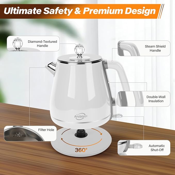Retro Electric Tea Kettle 1.8L, BPA Free, Stainless Steel Electric Hot Water Kettle for Boiling Water, 1350W Fast Boil, Automatic Shut Off, Boil-Dry Protection,Pearl White