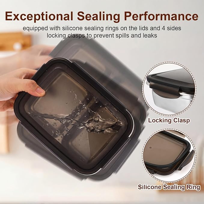 12 Pack 304 Stainless Steel Food Storage Containers 2 Compartment Food Grade Metal Lunch Bento Boxes with Airtight Lid 25 oz/750ml Meal Prep Container Freezer Dishwasher Safe