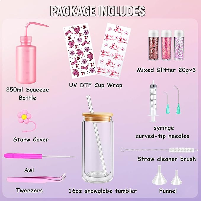 Snow Globe Tumbler Starter Kit, Snowglobe Tumbler Supplies–Includes 16oz Pre-Drilled Double Wall Acrylic Cups, UV DTF Cup Wraps Mixed Glitters Squeeze Bottle Funnel, Birthday Gifts for Girls Women