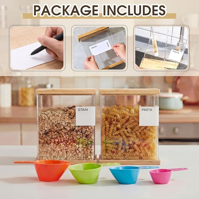 2 Pcs 4L Bamboo Food Dispenser Kitchen Organizers and Storage with Labels Airtight Pantry Organizers and Storage Container with Measuring Cups for Cereal, Rice, Flour, Sugar, Snack