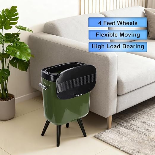 Tall Trash Can with Wheels, 15L Large Capacity Narrow Garbage Can with Elevated Legs, Trash Bin for Kitchen Bathroom Living Room Office (Green)