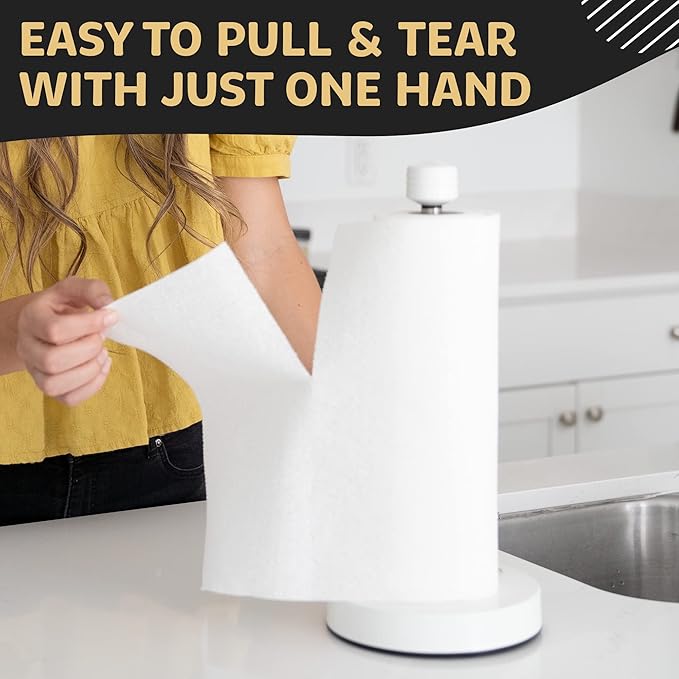 Heavy-Duty Stainless Steel Paper Towel Holder - Easy One-Handed Tear with Suction Cups - Modern Weighted Standing Countertop Dispenser for Kitchen - Holds All Paper Towel Rolls, White