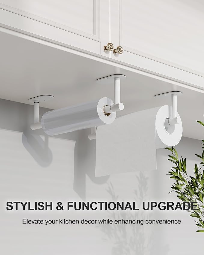 White Paper Towel Holder Under Cabinet, Self Adhesive or Wall Mounted SUS304 Stainless Steel Paper Towel Holder for Kitchen, Bathroom, Farmhouse, Barbecue and Laundry (White)
