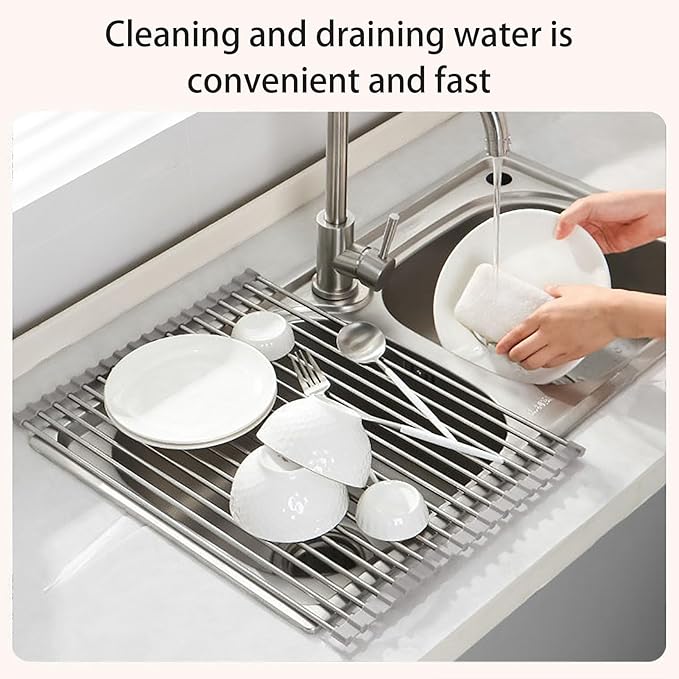 Roll-Up Dish Drying Rack Over the Kitchen Sink, Non-Slip Drain Board Strainer, Drain Board Rust-Resistant Utensil Holder(Small,12-Club)