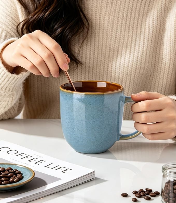 LERATIO Ceramic Coffee Mugs Set of 6,12oz Handmade Coffee Mugs Set with Large Handle for Cappuccino/Latte/Tea/Hot Cocoa,Dishwasher & Microwave Safe-Ocean Blue