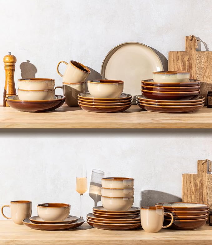 LERATIO Ceramic Dinnerware Sets for 4, 12 Pieces Ceramic Plates and Bowls Sets, Scratch Resistant Dish Set, Oven, Microwave & Dishwasher Safe-Pale Kahki