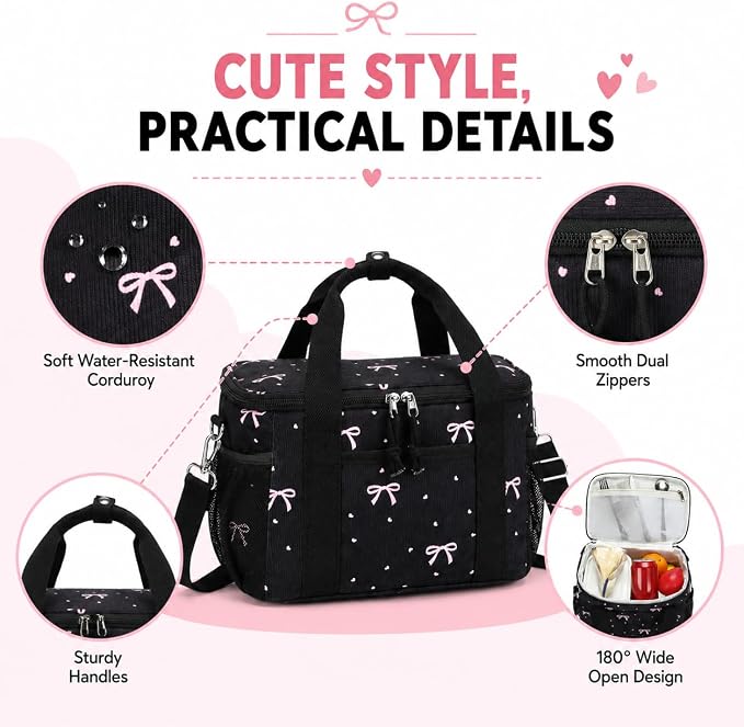 BTOOP Insulated Lunch Box for Women, Cute Corduroy Lunch Bag with Shoulder Strap, Leakproof Wide-Open Lunch Tote for Work, Office, School, Picnic, Pink Bow-Black