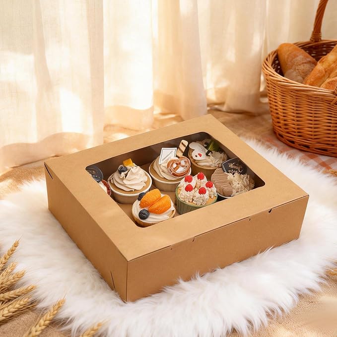 Moretoes 3 Pack Cupcake Boxes, Hold 12 Standard Cupcakes, Cupcake Containers with Window and Inserts,Bakery Supplies for for Cupcakes, Muffins and Pastries(Brown)