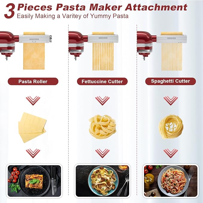 3 Pieces Pasta Maker Attachment for Kitchenaid Stand Mixers, Noodle Maker 3 PCs Set of Pasta Roller Fettuccine Cutter Spaghetti Cutter, Pasta Attachments Accessories with Cleaning Brush