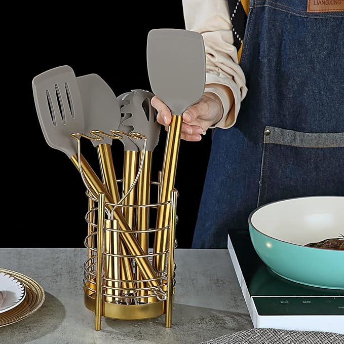 Gold Kitchen Utensils Set, Berglander 38 Pieces Non-stick Silicone Cooking Tools Spoon Spatula Set With Sturdy Stainless Steel Utensil Holder, Dishwasher Safe