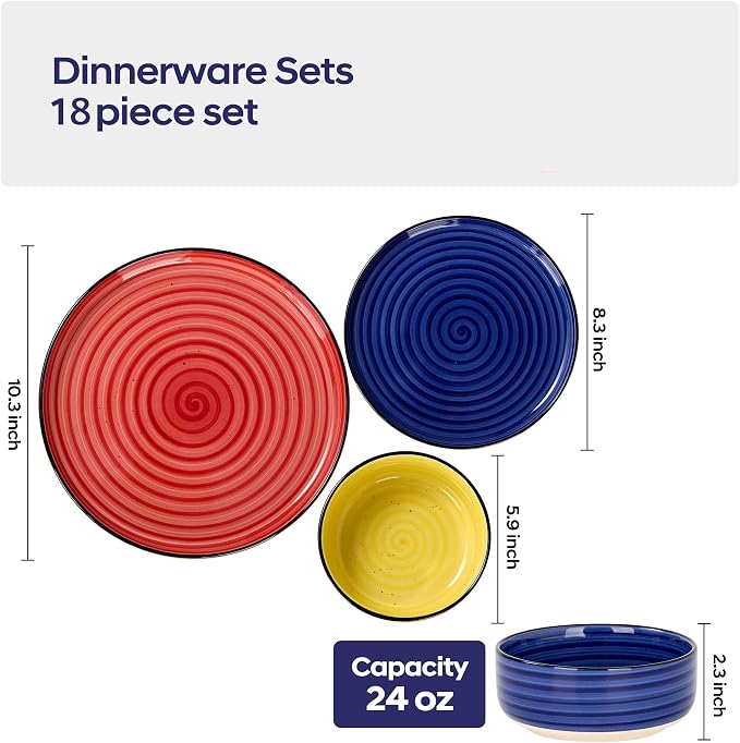 Bonita Dinnerware Sets 18 Pieces, Blue Stoneware Dishes Set for 6, Plates Set and Bowls Sets, Dishwasher and Microwave Safe (Vibrant 18, large)