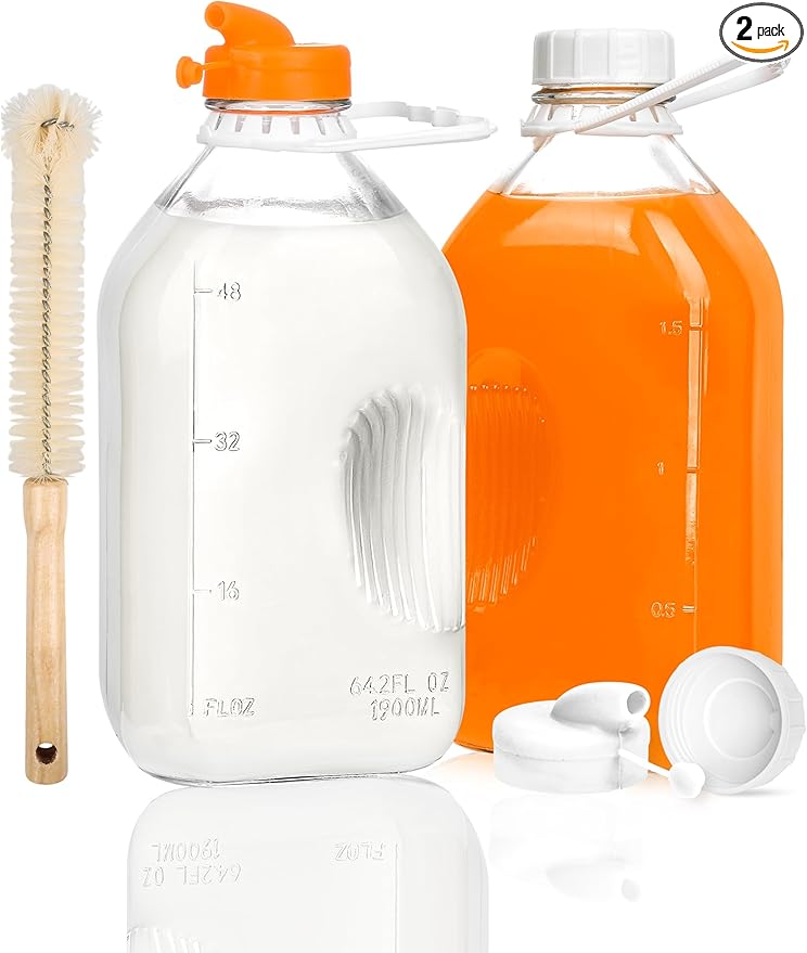 KMIGRUAN 2QT Heavy Duty Glass Milk Bottle with Lid,2Pack 64oz Glass Milk Jug with Reusable Airtight Screw Lid,Bottles for Juice,Water,Oat or Plant Milks