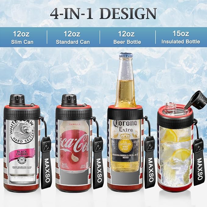 MAXSO Sealed Can Cooler Fizz Lid Can Cover for 12 oz Regular, Slim Skinny Cans & As Thermal Bottle, 4-in-1 Insulated Vacuum Stainless Steel Carbonated Cold Drink Holder - Stars