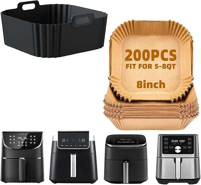 LYHOLKEER 8.8inch Square Reusable Silicone Air Fryer Liners for 5-8QT,200Pcs 8IN Air Fryer Liners Disposable Parchment Paper for 5-8QT