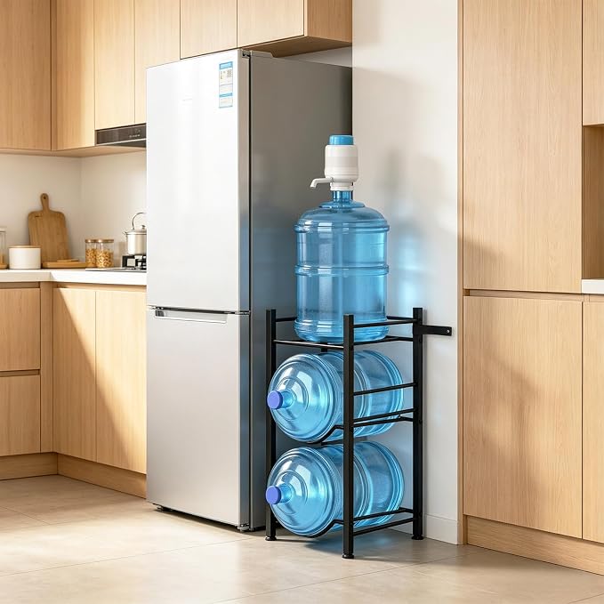 Small 5 Gallon Water Jug Holder, 3 Tier Water Jug Stand Holder with 1 Dispenser Valves, 5 Gal Water Bottle Storage Rack Organizer for Kitchen, Office, Garage