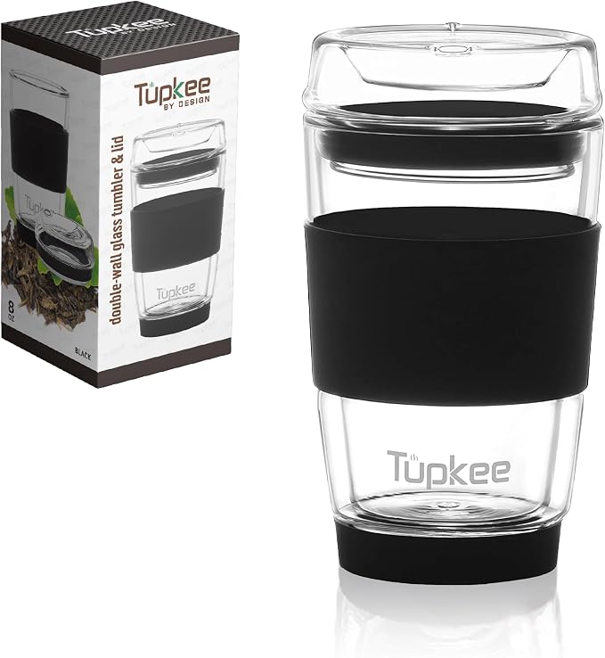 Double Wall Glass Tumbler - 8-Ounce, All Glass Hand Blown Reusable Insulated Tea/Coffee Mug & Lid, Travel Mug - Black