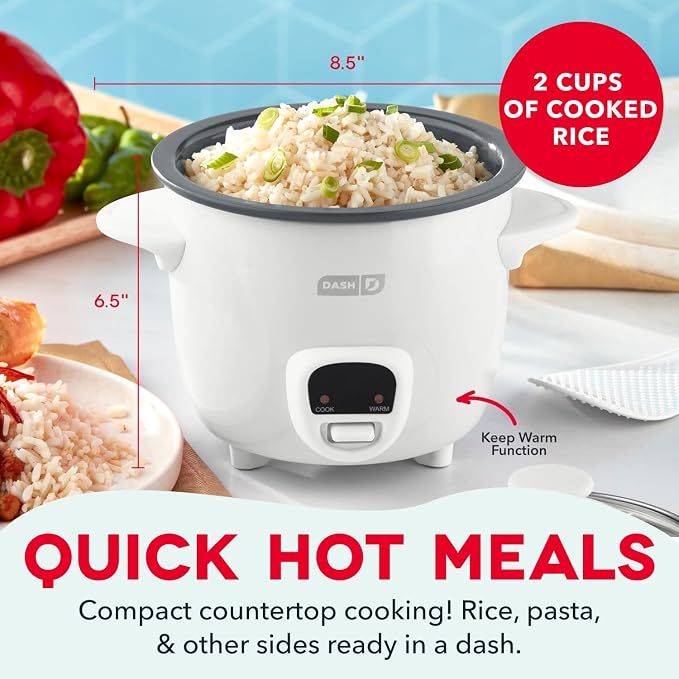 Dash Mini Rice Cooker | Small Rice Maker, 2 Cups Cooked / 1 Cup Uncooked, Ceramic Nonstick Removable Pot, Keep Warm Function, Compact and Portable for Dorm, Travel, Single Serve, White