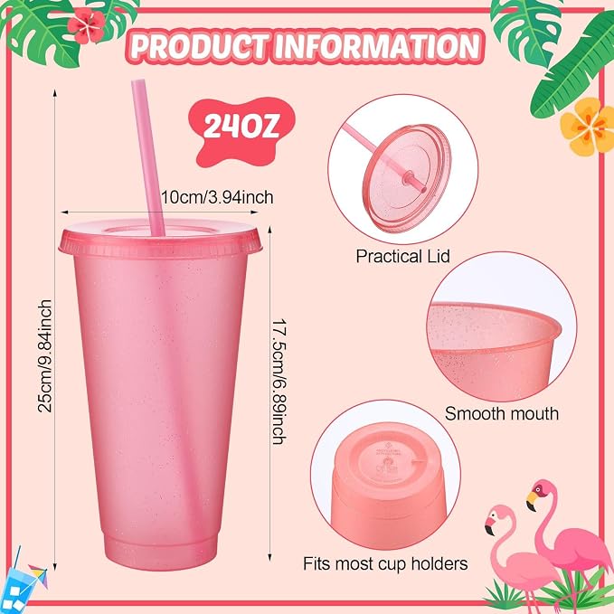 Honeydak 15 Pack Tumbler with Straw and Lid Bulk Cups for Gifts Glitter Plastic Coffee Cups 24-27 oz Reusable Water Bottle Iced Coffee Travel Mug Party Favors for Birthdays Travel (Light Pink)