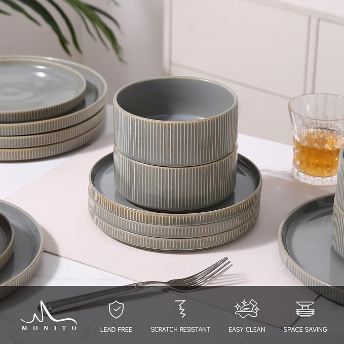 MONITO Ceramic Dinnerware Sets for 6, 18PCS Stoneware Plates and Bowls Sets, Reactive Glaze Dish Set, Chip and Scratch Resistant Double, Microwave and Dishwasher Safe, Sage Mist
